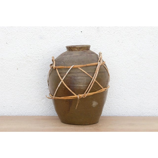 Asian Antique Asian Stoneware Pot With Rattan Harness For Sale - Image 3 of 10