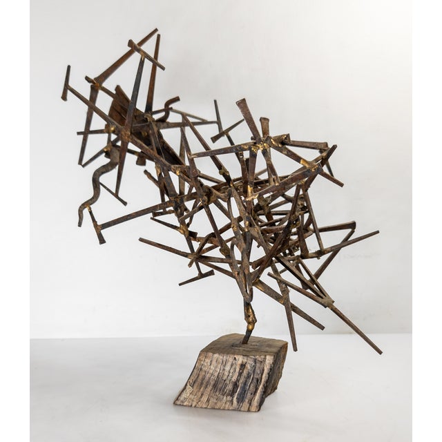1970s Mid-Century Modern Brutalist Abstract Nail Sculpture on Wood Base For Sale - Image 5 of 12