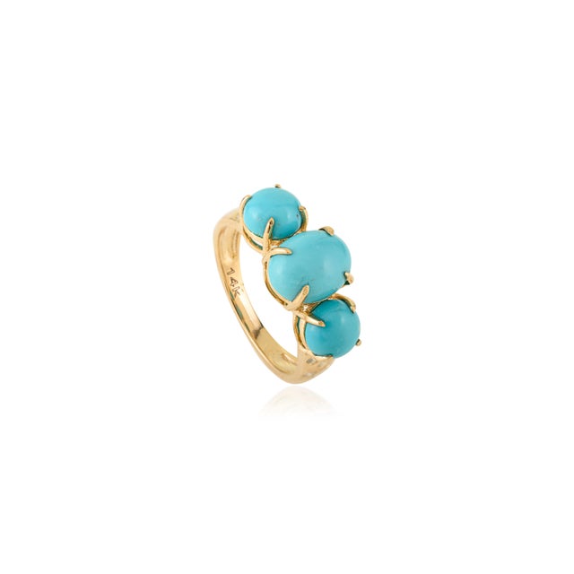 Contemporary 3.32 Ct Three Stone Turquoise Claw Set Engagement Ring in 14k Solid Gold Size 7 For Sale - Image 3 of 13