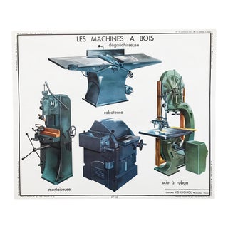 Vintage French Educational Double-Sided "Woodworking Machines / Metal Machinery" School Poster Chart For Sale