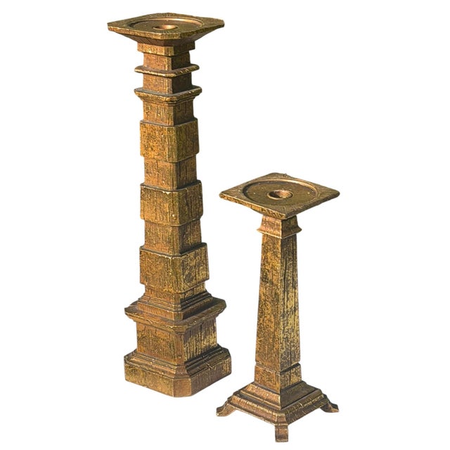 Contemporary Vintage Brutalist Gilt Faux Bois Sculptural Candleholders, Graduated Pair For Sale - Image 3 of 12