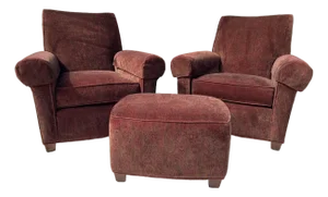 Ethan Allen Paisley in Wine Color Set - 2 Club Chairs and 1 Ottoman