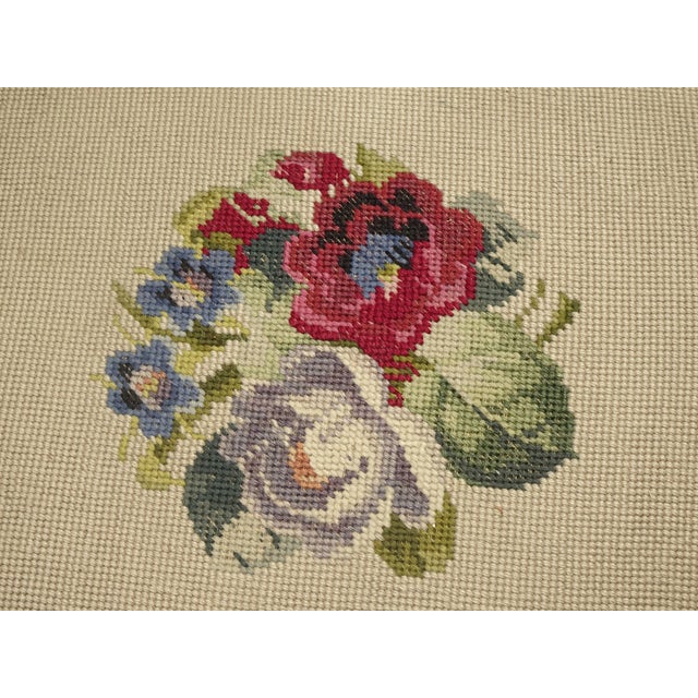 Wood Vintage French Tan Floral Tapestry Bench Stool Decorative Nails & Bobbin Legs For Sale - Image 7 of 12