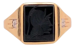 14 Karat Yellow Gold Contemporary Onyx Square Ring With Diamond Accents, Size 10.25