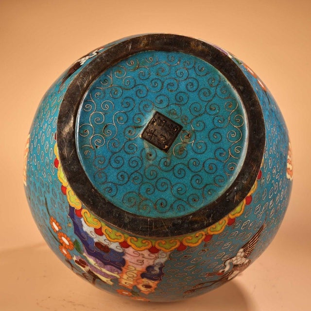 Monumental Chinese Cloisonné "Deer & Crane" Vase With Bronze Deer Handles - 13.7 LBS For Sale - Image 9 of 9