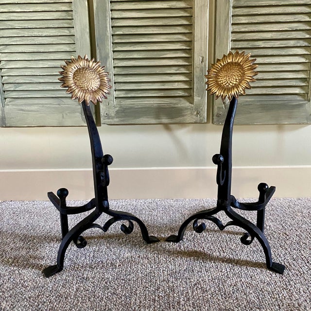 Metal Iron and Brass Sunflower Andirons - A Pair For Sale - Image 7 of 18