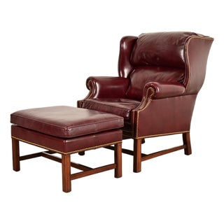 Hancock & Moore Chippendale Wingback Leather Lounge Chair With Ottoman For Sale