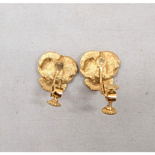 Metal Vintage 1960s Signed Napier Goldtone Faux-Pearl Pansy Clip Earrings-2 Pieces For Sale - Image 7 of 7