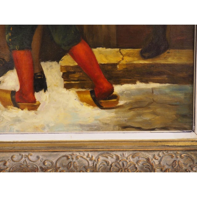 19th Century Oil on Canvas Painting, Children Playing in Winter, Alsace, France For Sale - Image 11 of 16