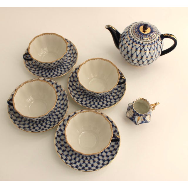 Late 20th Century Lomonosov Imperial Cobalt Net Porcelain Tea Pot & Set, 10 Piece For Sale - Image 4 of 13
