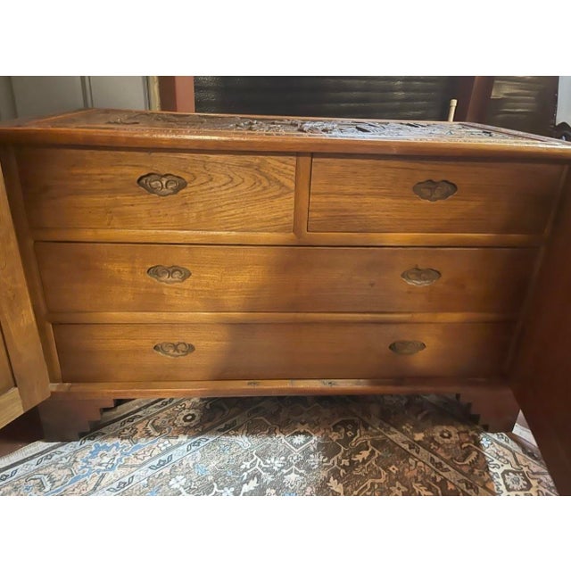 Asian Vintage Asian Carved Wood Cabinet With Scenic Relief Panels & Interior Drawers For Sale - Image 3 of 6