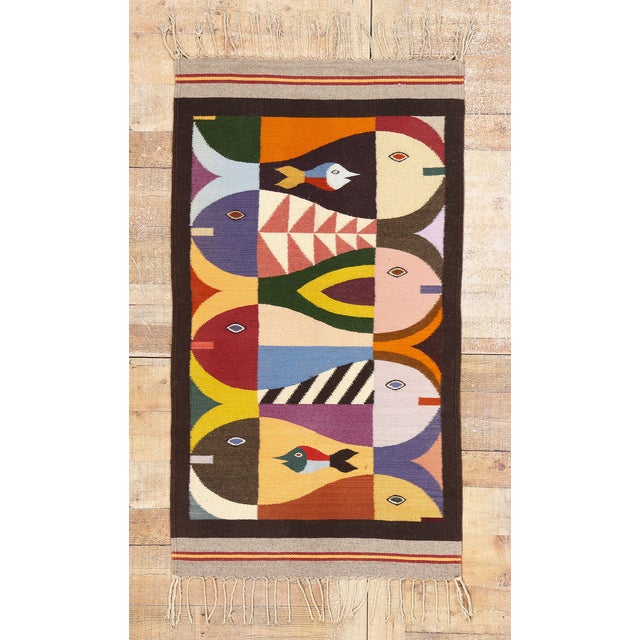 Vintage Tessellated Fish Zapotec Kilim Rug, 02'08 X 04'09 For Sale - Image 9 of 10