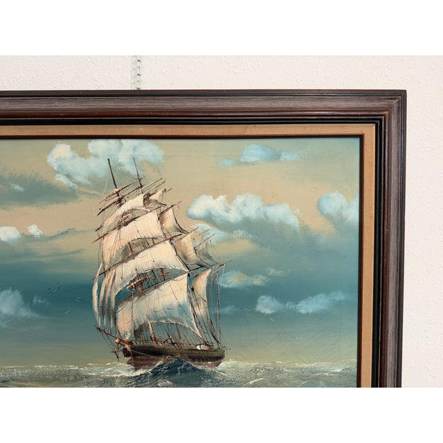 Paint Large Vintage Signed Original Marine Oil Painting Tall Ship Nautical Seascape For Sale - Image 7 of 14