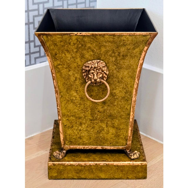 Vintage Castilian Imports Regency Tole Cachepot With Crane & Monkey Medallion, Lion Head Handles For Sale - Image 4 of 10