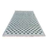 Handmade Cotton Vegetable Dyed Checked Gingham Rug in Sky Blue With Cream and Forest Green - 10x14 For Sale
