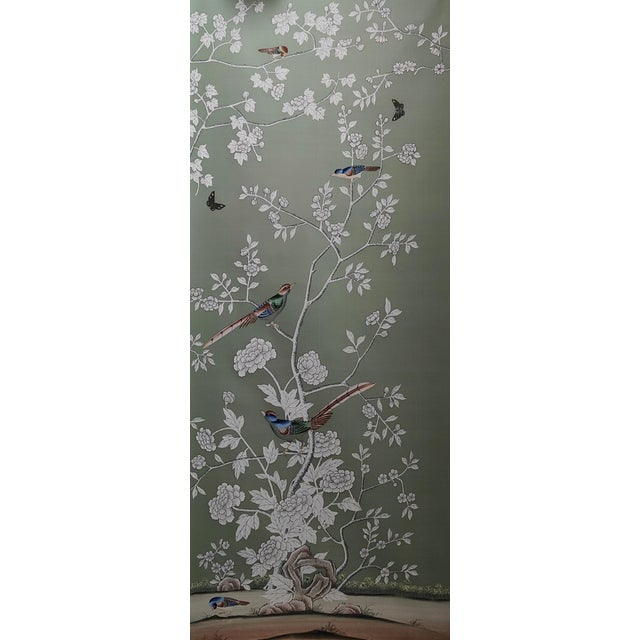 Sage Green Chinoiserie Mural | 3-Panel Hand-Painted Floral & Bird Wallpaper For Sale - Image 4 of 4