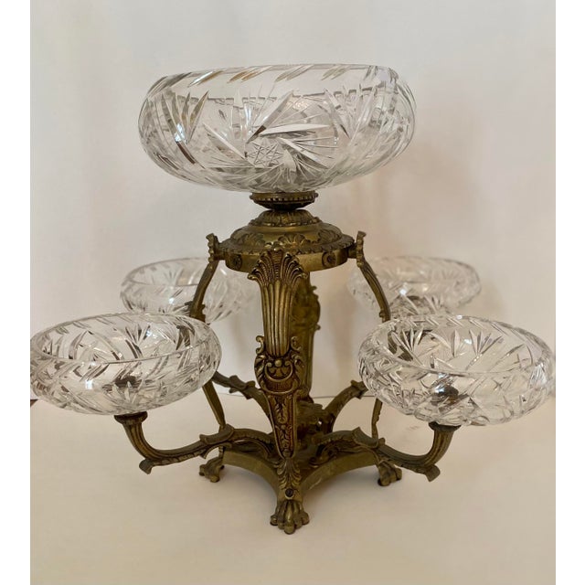 Regency Style Bronze and Cut Glass Centerpiece Epergne, Mid-Late 20th Century 20.0" W x 16.0" H x 20.0" D - light wear and...