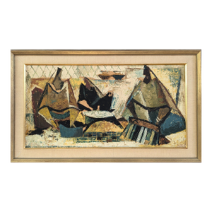 1964 Mid-Century Modern 'Geometric Gathering' Vintage Original Abstract Figurative Oil Painting, Framed