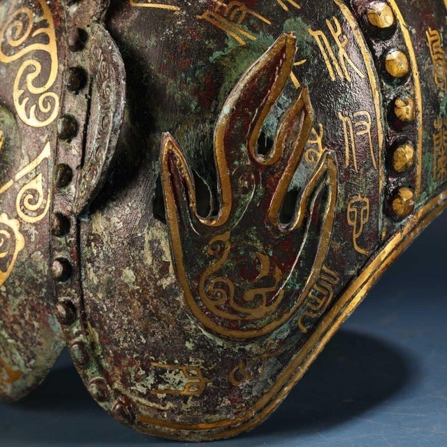 Late 20th Century Ancient Chinese Bronze Helmet With Gold Inlay Mask – Intricate Gilded Face Armor Sculpture For Sale - Image 5 of 10