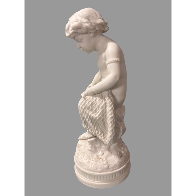 Art Nouveau Antique Victorian 13.25" Art Nouveau Figural Parian Statue of a Cherub With Net For Sale - Image 3 of 7