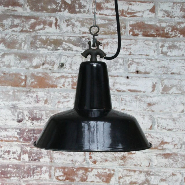 Vintage Dutch Industrial Black Enamel Hanging Lamp For Sale - Image 4 of 5