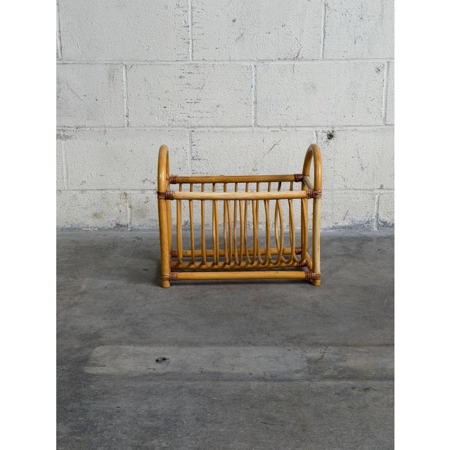 Vintage Rattan Magazine Rack Newspaper Holder Boho Wicker Mid Century Stand For Sale - Image 4 of 10