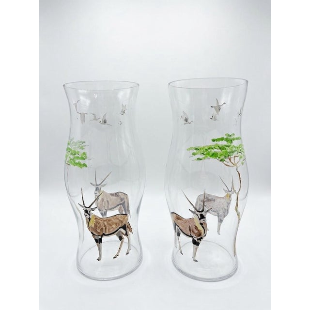 African Pair of Glass Hand-Painted African Wildlife Hurricane For Sale - Image 3 of 12
