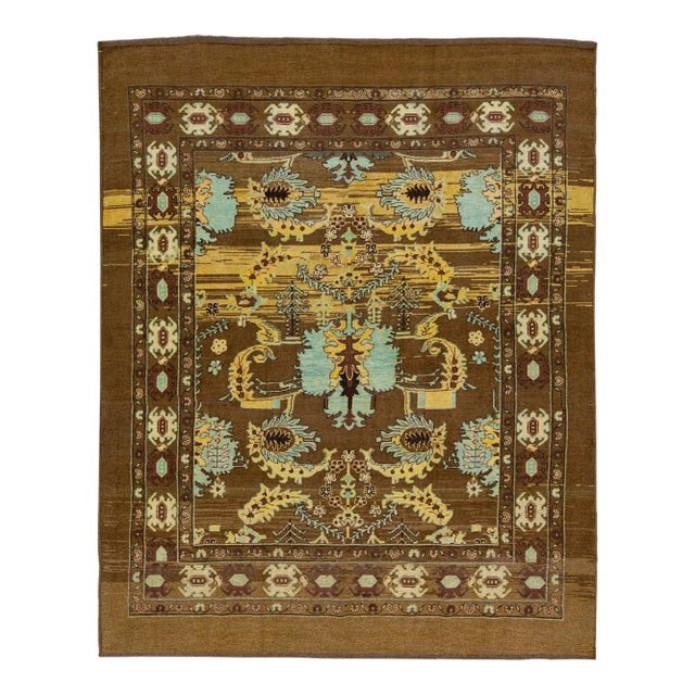 Mid-Centruy Transitional Style Handmade Floral Brown Wool Rug For Sale