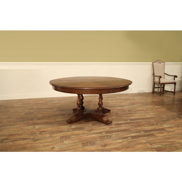 64-84 Round Large Solid Walnut Dining Table on Country Turned Legs. Distressed Reclaimed Wood Style Finish For Sale - Image 4 of 17