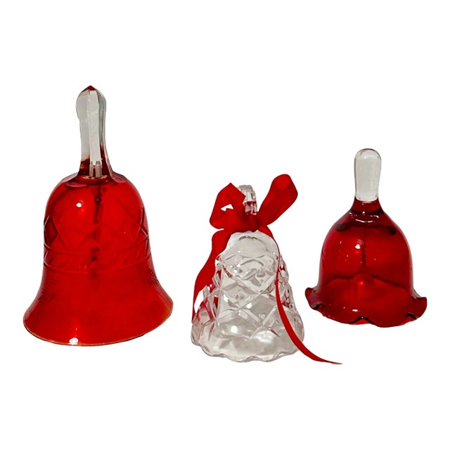Vintage 20th Century Crystal & Glass Red Holiday Bells- Set of 3 For Sale