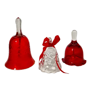 Vintage 20th Century Crystal & Glass Red Holiday Bells- Set of 3