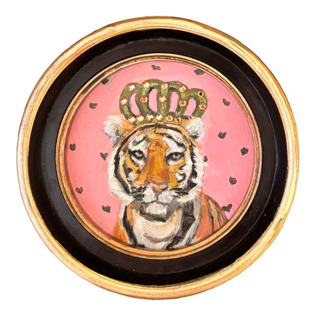 Love Fiercely an Original Framed Round Painting of a Crowned Bengal Tiger by Michelle Heimann. For Sale