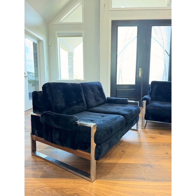 Mid-Century Modern Vintage Chrome & Black Plush Upholstered Sofa and Loveseat Set in the Style of Milo Baughman & Adrian Pearsall For Sale - Image 3 of 13