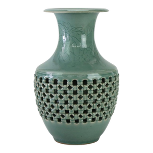 Antique Japanese Reticulated Celadon Pottery Vase Signed C1920