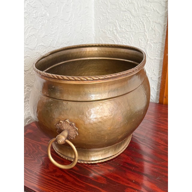 Mid 20th Century Large Vintage Hammered Brass Cauldron Planter With Rope Twist Rim For Sale - Image 5 of 6