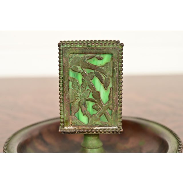 Early 20th Century Apollo Studios New York Arts & Crafts Grapevine Pattern Bronze and Slag Glass Ashtray With Matchbox Holder For Sale - Image 5 of 12