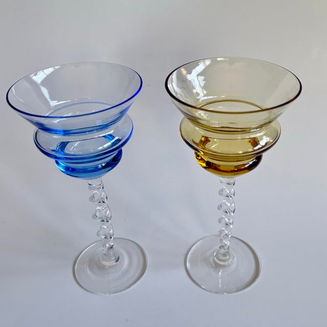 1960s Vintage Empoli Italian Art Glass Drinking Glasses – Set of 2 (Cobalt Blue & Amber) For Sale - Image 5 of 7