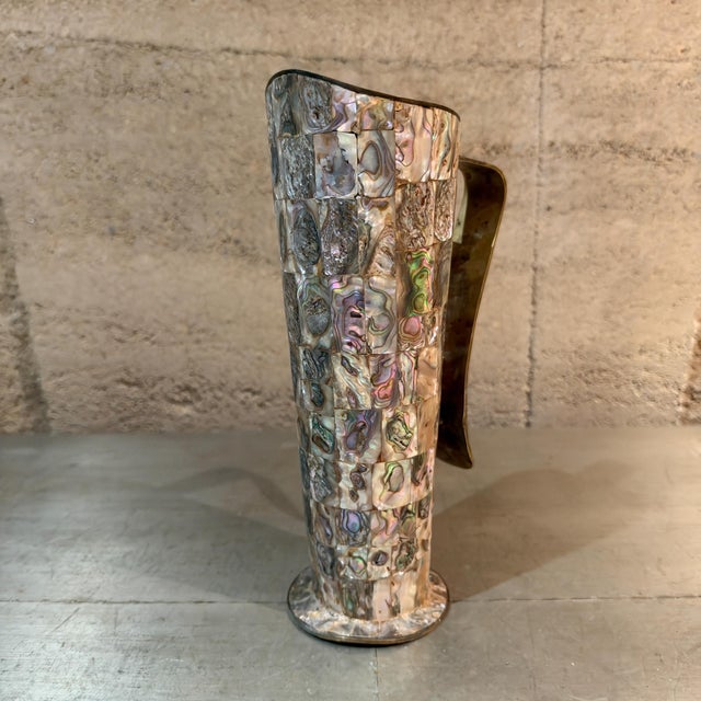 Vintage Mexican Brass and Inlaid Abalone Shell Pitcher Mexico For Sale - Image 10 of 13