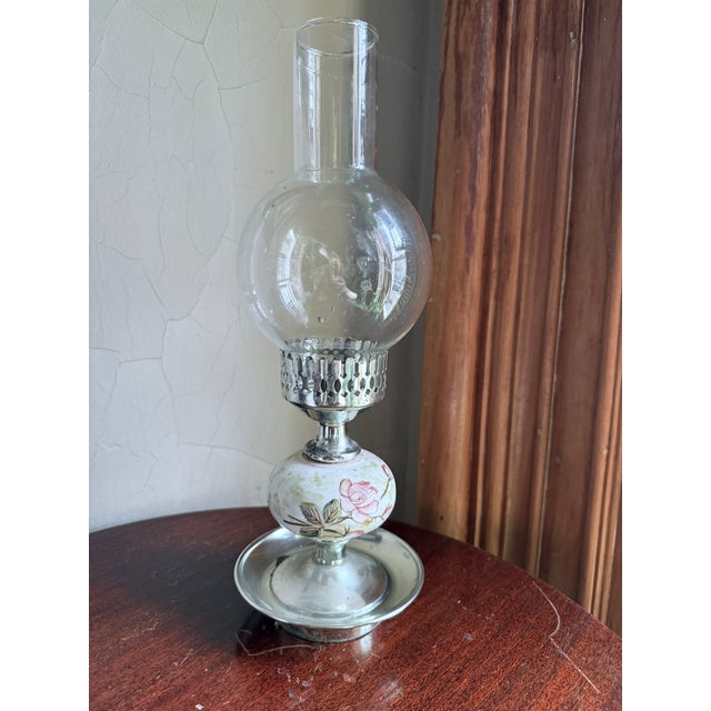 Vintage Mid Century Hurricane Oil Lamp Floral Ceramic Silver Base Glass Chimney For Sale - Image 9 of 9