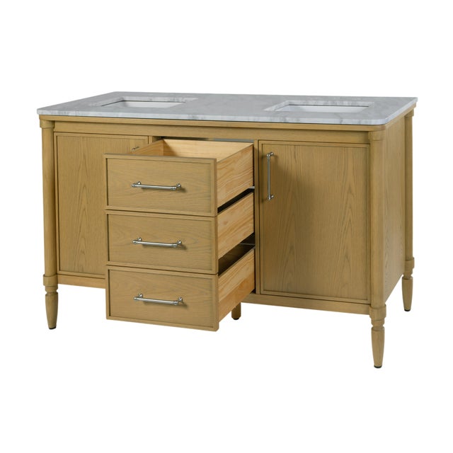 2020s Bianca 60 in. W Wood & Marble Double Sink Bathroom Vanity, Light Oak For Sale - Image 5 of 11