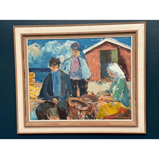 Svend Nielsen, Figures at the Fish Shed, 1950s, Oil on Canvas, Framed For Sale - Image 9 of 16