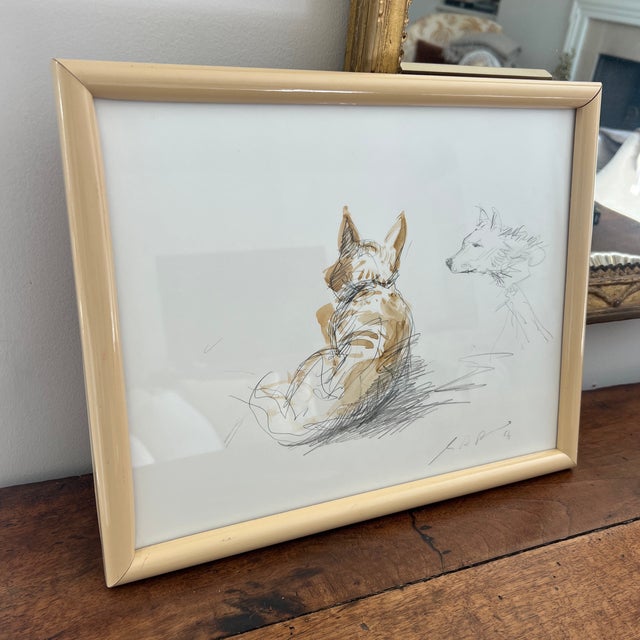 Charming Mid Century Dog Sketch With Watercolor