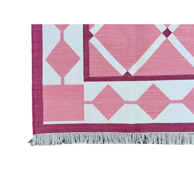 Handmade Cotton Natural Vegetable Dyed Reversible Pink and White Checked Tile Rug - 8'x10' For Sale - Image 10 of 11