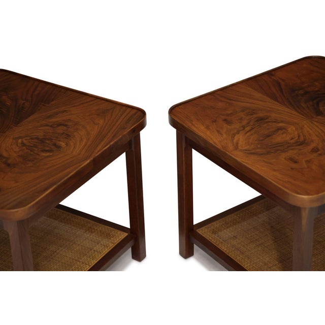 Mid-Century Modern Mid 20th Century Attribtued to Jack Cartwright for Founders Book-Matched Walnut & Cane Side Tables For Sale - Image 3 of 13