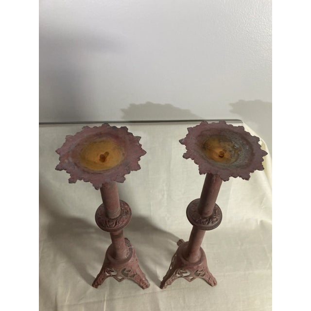 1980s Industrial Metal Cast Iron Pillar Candlestick Holders a Pair