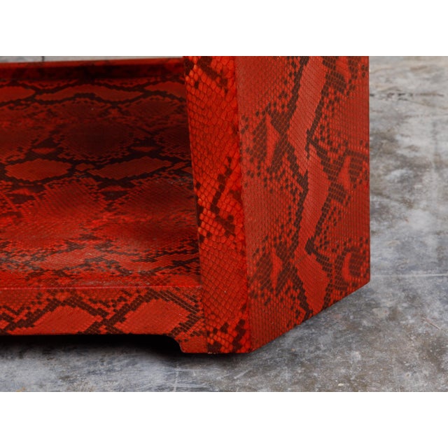 Metal Attributed Karl Springer 1970s Midcentury Octagonal Bar Cart With Red Snakeskin Finish For Sale - Image 7 of 11