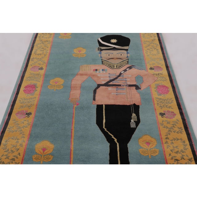 Rug & Kilim Rug & Kilim’s Modern Classics "Sipahi" Pictorial Runner Rug, Bristol Blue & Gold For Sale - Image 4 of 10