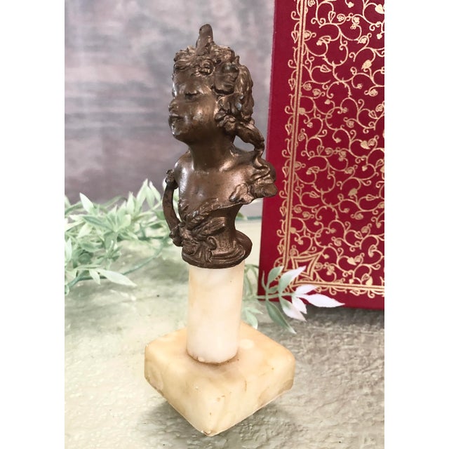 Bronze Art Nouveau Antique Spelter Bust on Marble Victorian Child Bust Bronzed For Sale - Image 8 of 10