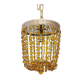 Vintage Amber Glass Beaded Basket Chandelier With Ornate Brass Frame For Sale