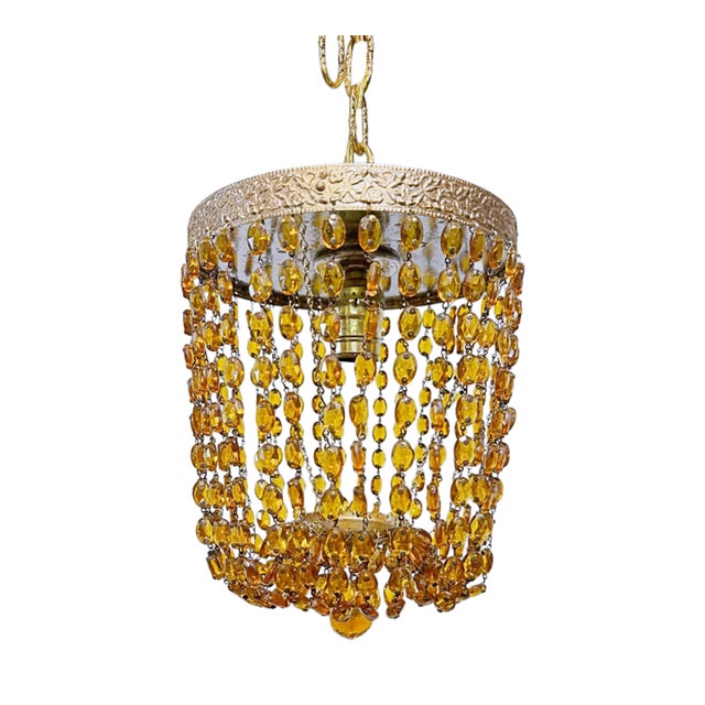 Vintage Amber Glass Beaded Basket Chandelier With Ornate Brass Frame For Sale
